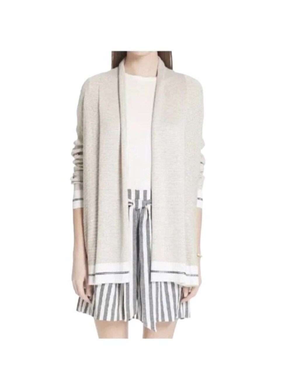 St John Black Label Beige Open Front Sequin Knit Flax Wool Cashmere Cardigan M